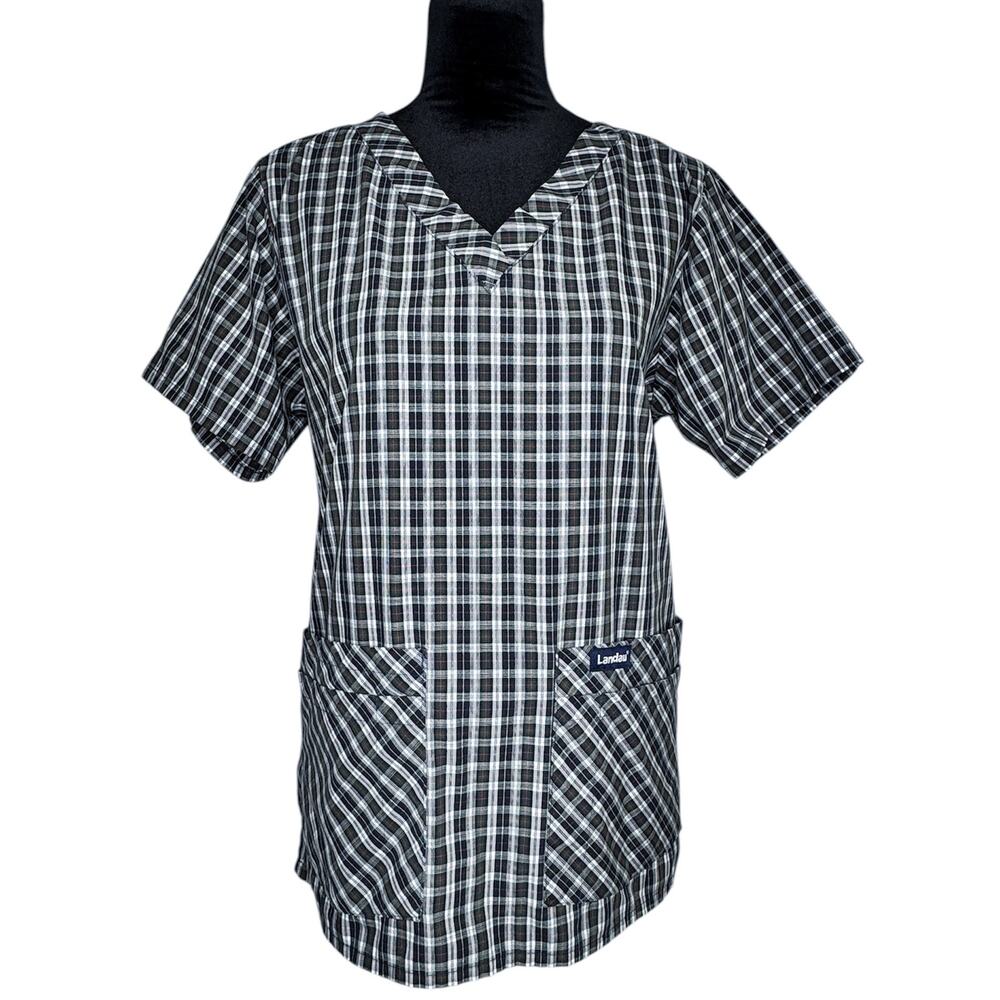 LANDAU Blue Green Red White Plaid V-neck Scrub Top Medical Uniform Medium